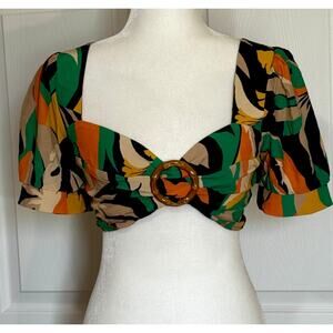 Mallory Size S Dolce Green Crop Pop. Puff sleeves elastic shirred back tie neck